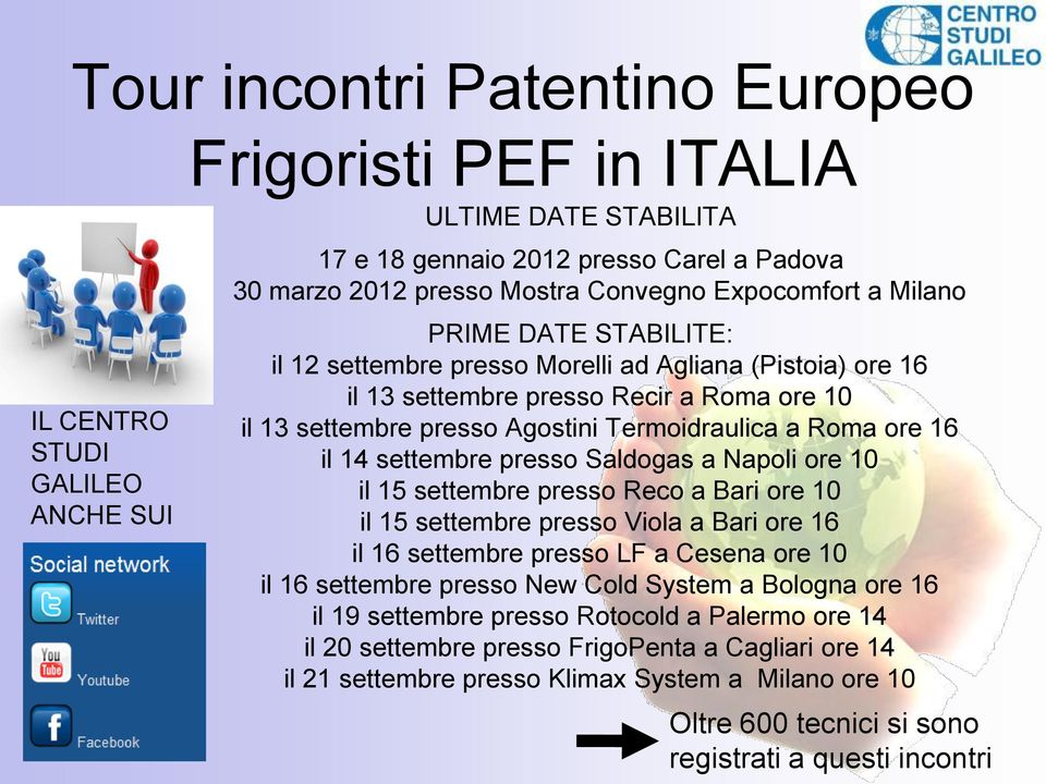 ore 16 il 14 settembre presso Saldogas a Napoli ore 10 il 15 settembre presso Reco a Bari ore 10 il 15 settembre presso Viola a Bari ore 16 il 16 settembre presso LF a Cesena ore 10 il 16 settembre