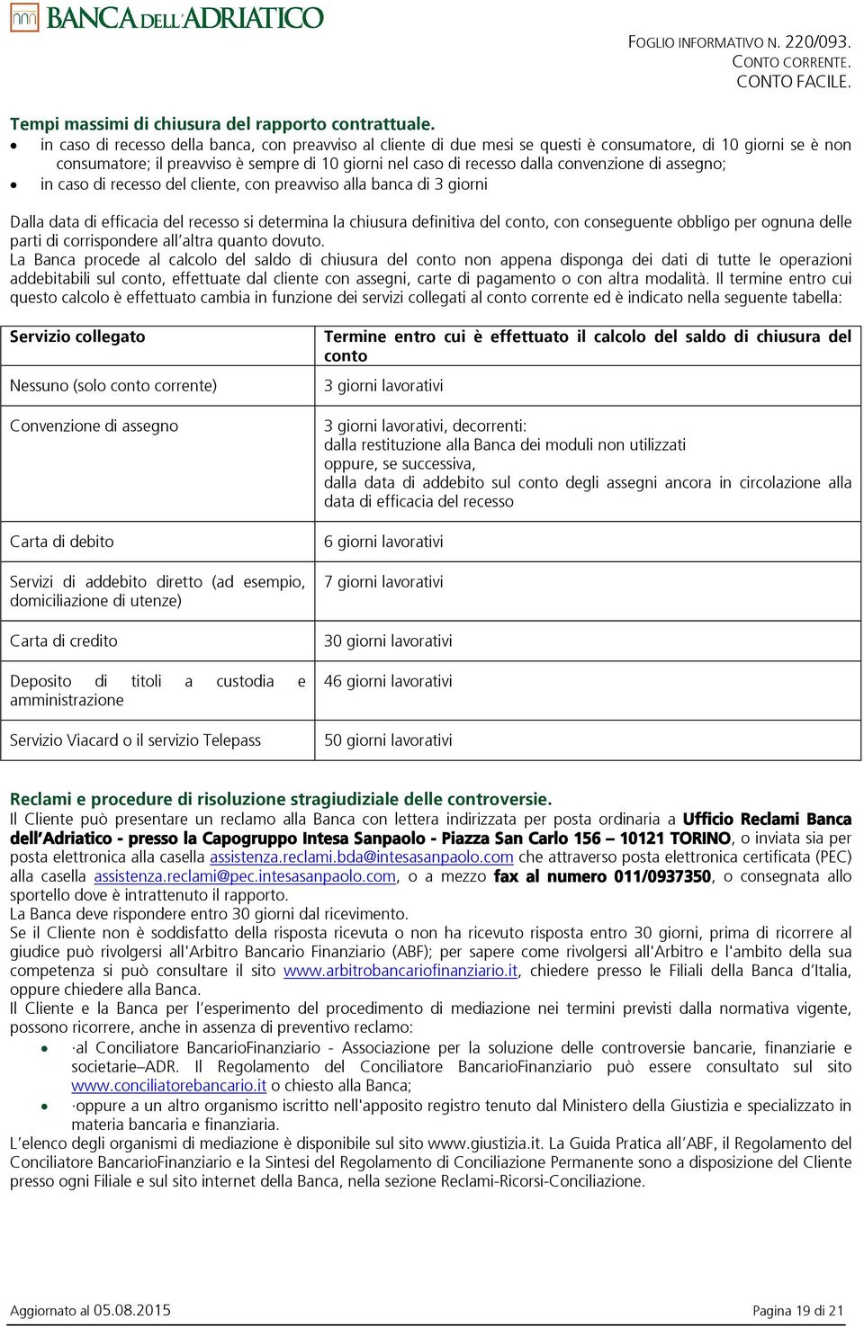 convenzione di assegno; in caso di recesso del cliente, con preavviso alla banca di Dalla data di efficacia del recesso si determina la chiusura definitiva del conto, con conseguente obbligo per