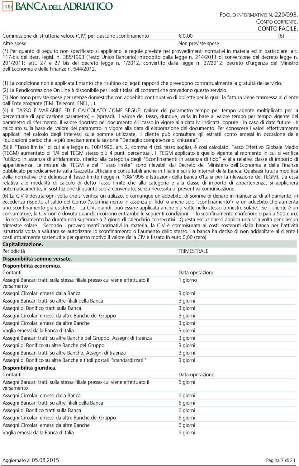 normativi in materia ed in particolare: art. 117-bis del decr. legisl. n. 385/1993 (Testo Unico Bancario) introdotto dalla legge n. 214/2011 di conversione del decreto legge n. 201/2011; artt.