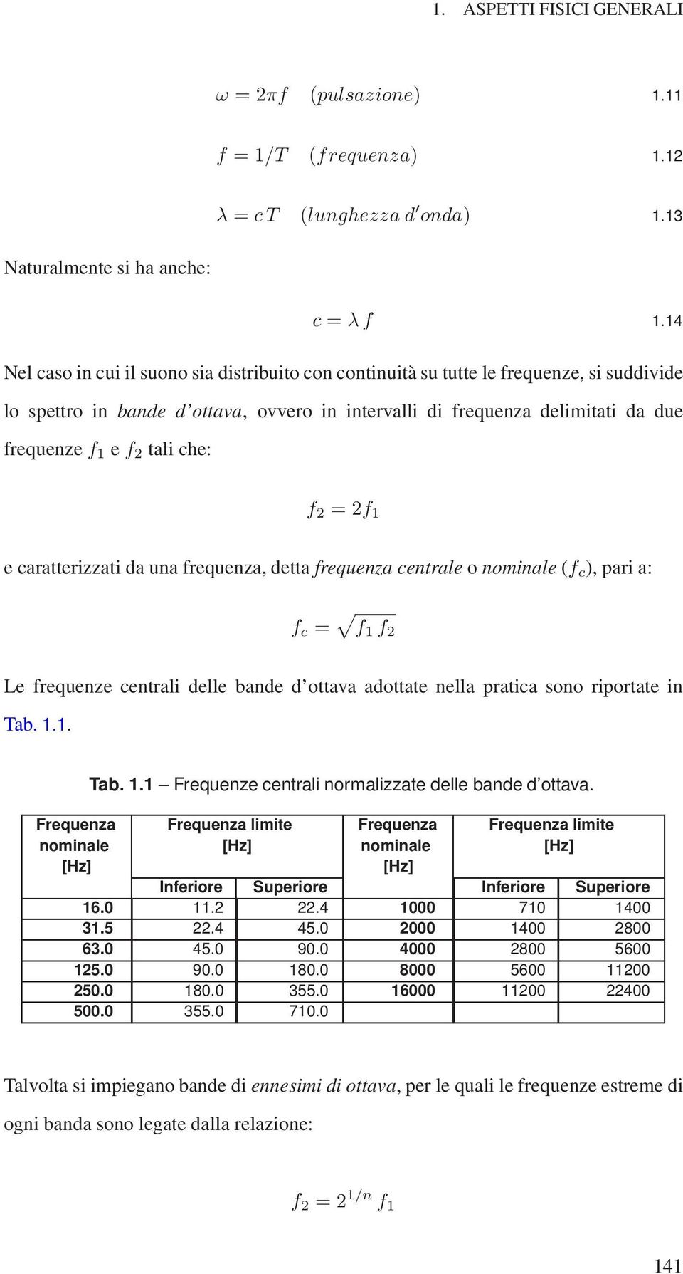 che: f 2 =2f 1 e caratterizzati da una frequenza, detta frequenza centrale o nominale (f c ), pari a: f c = f 1 f 2 Le frequenze centrali delle bande d ottava adottate nella pratica sono riportate in