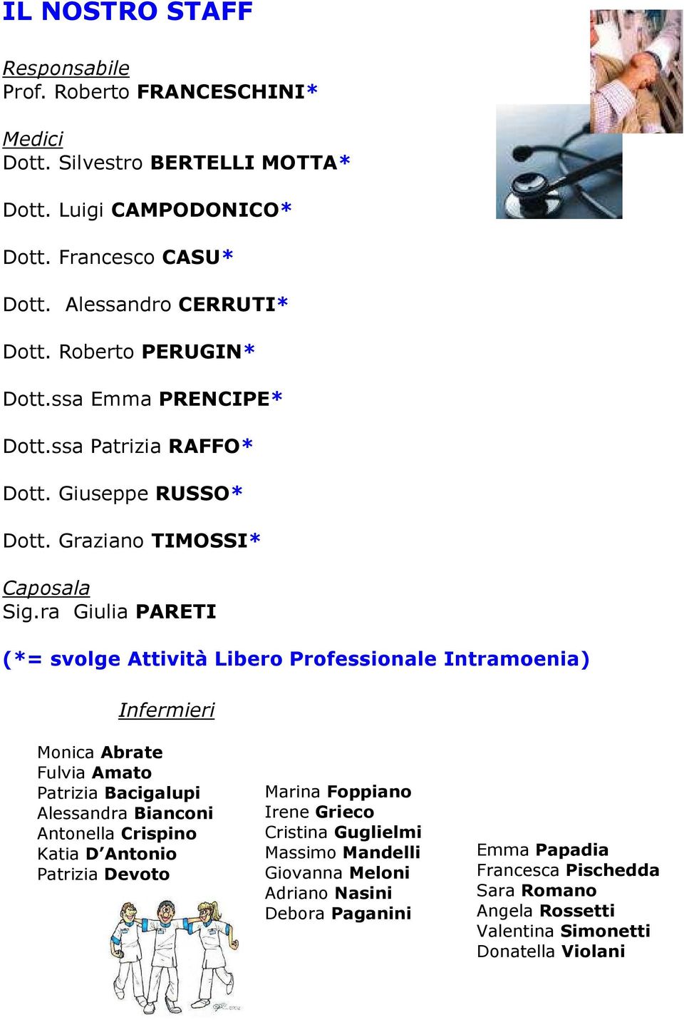 ra Giulia PARETI (*= svolge Attività Libero Professionale Intramoenia) Infermieri Monica Abrate Fulvia Amato Patrizia Bacigalupi Alessandra Bianconi Antonella Crispino Katia D