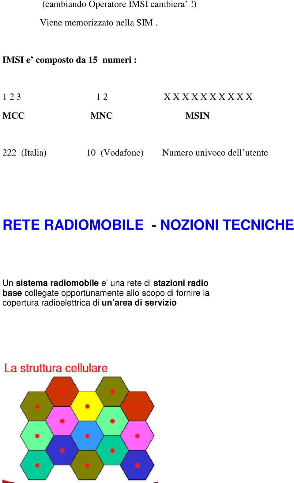 (Vodafone) Numero univoco dell utente RETE RADIOMOBILE - NOZIONI TECNICHE Un sistema