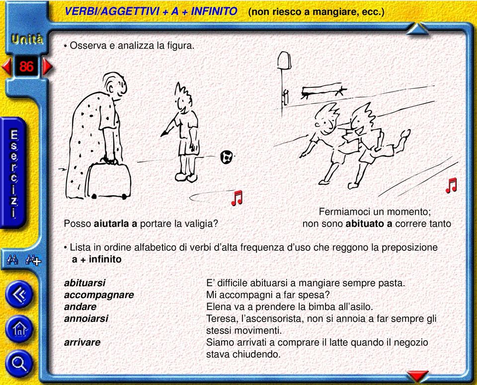 infinito abituarsi accompagnare andare annoiarsi arrivare E difficile abituarsi a mangiare sempre pasta. Mi accompagni a far spesa?