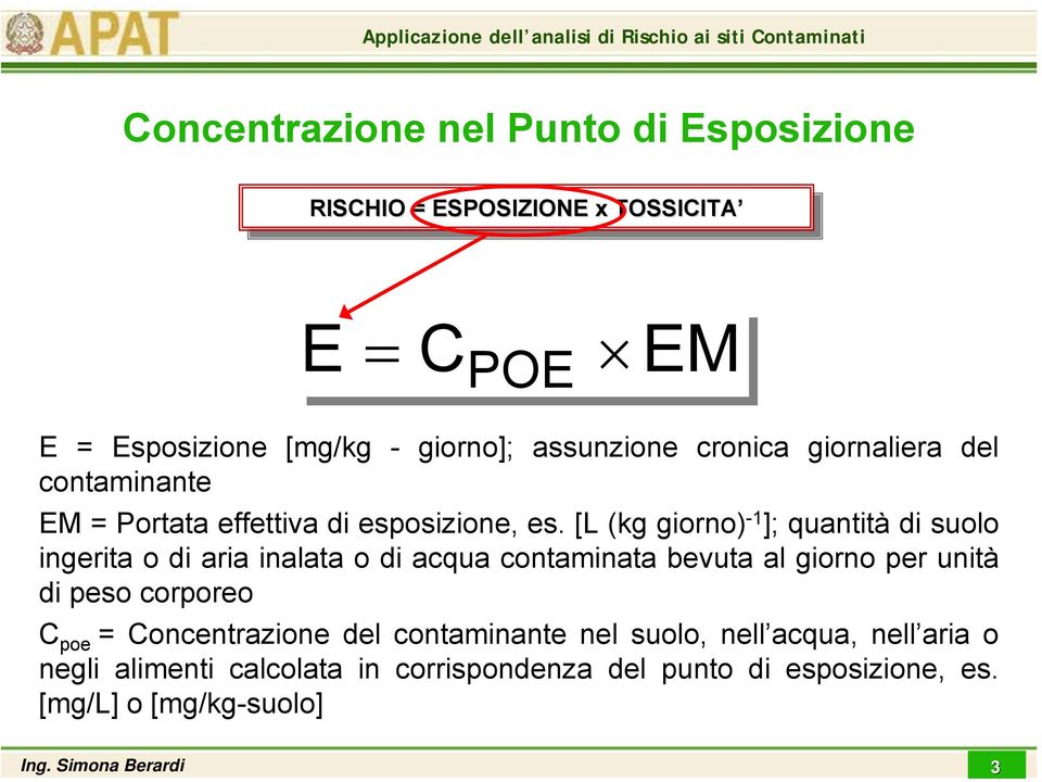 [L (kg giorno) -1 ]; quantità di suolo ingerita o di aria inalata o di acqua contaminata bevuta al giorno per unità di peso corporeo C