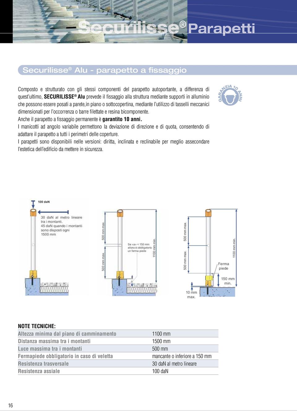 filettate e resina bicomponente. Anche il parapetto a fi ssaggio permanente è garantito 10 anni.