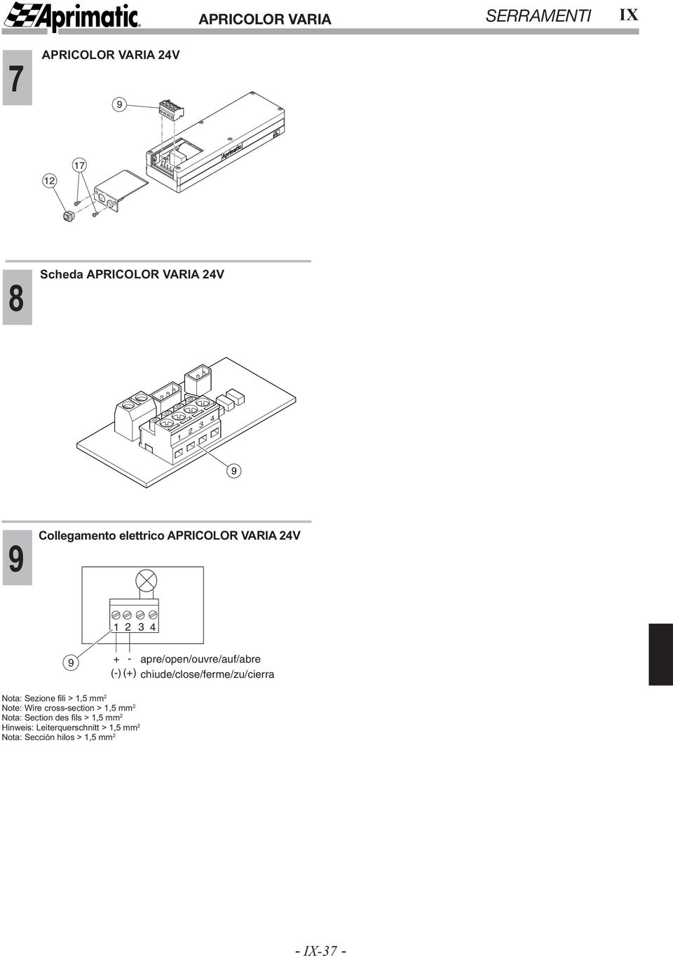 chiude/close/ferme/zu/cierra Nota: Sezione fili > 1,5 mm Note: Wire cross-section > 1,5 mm