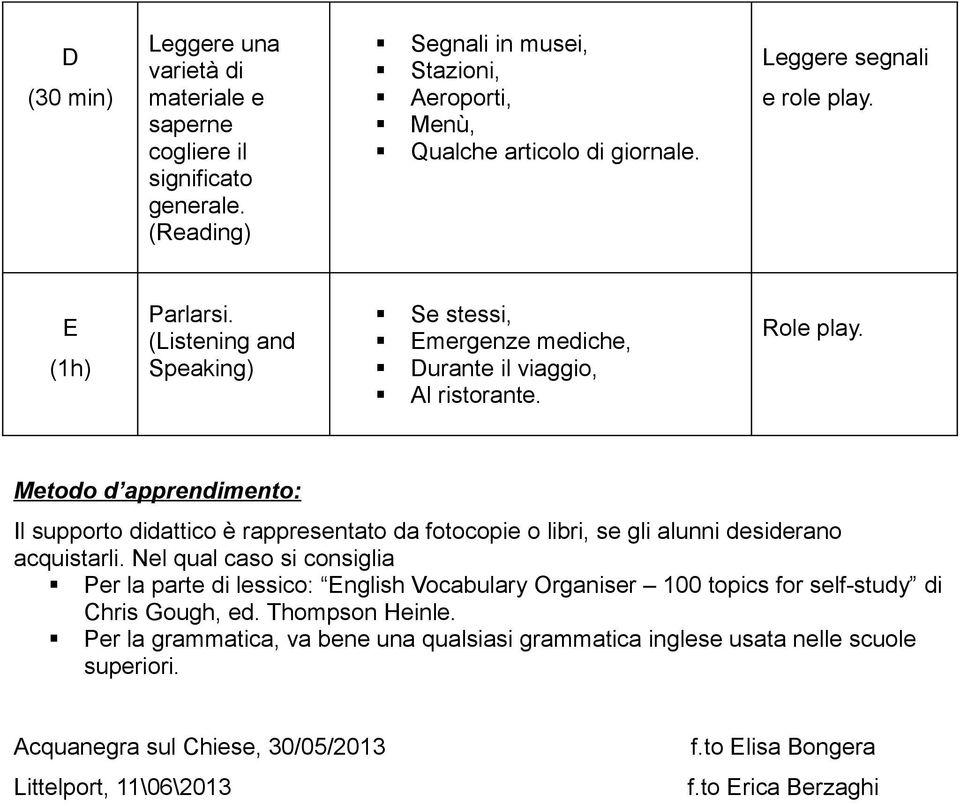 Metodo d apprendimento: Il supporto didattico è rappresentato da fotocopie o libri, se gli alunni desiderano acquistarli.