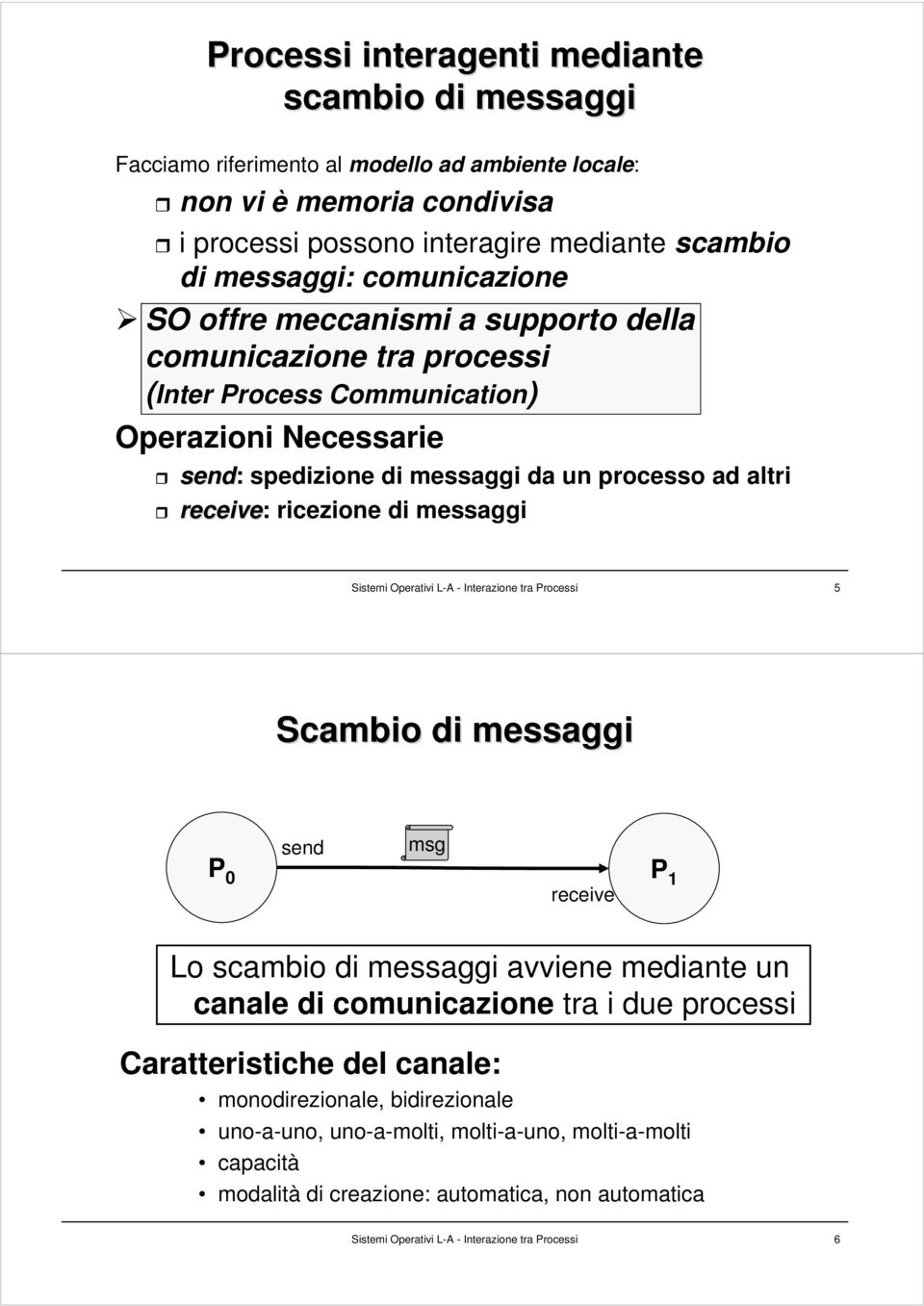 ricezione di messaggi Sistemi Operativi L-A - Interazione tra Processi 5 Scambio di messaggi send msg P 0 P 1 Lo scambio di messaggi avviene mediante un canale di comunicazione tra i due processi