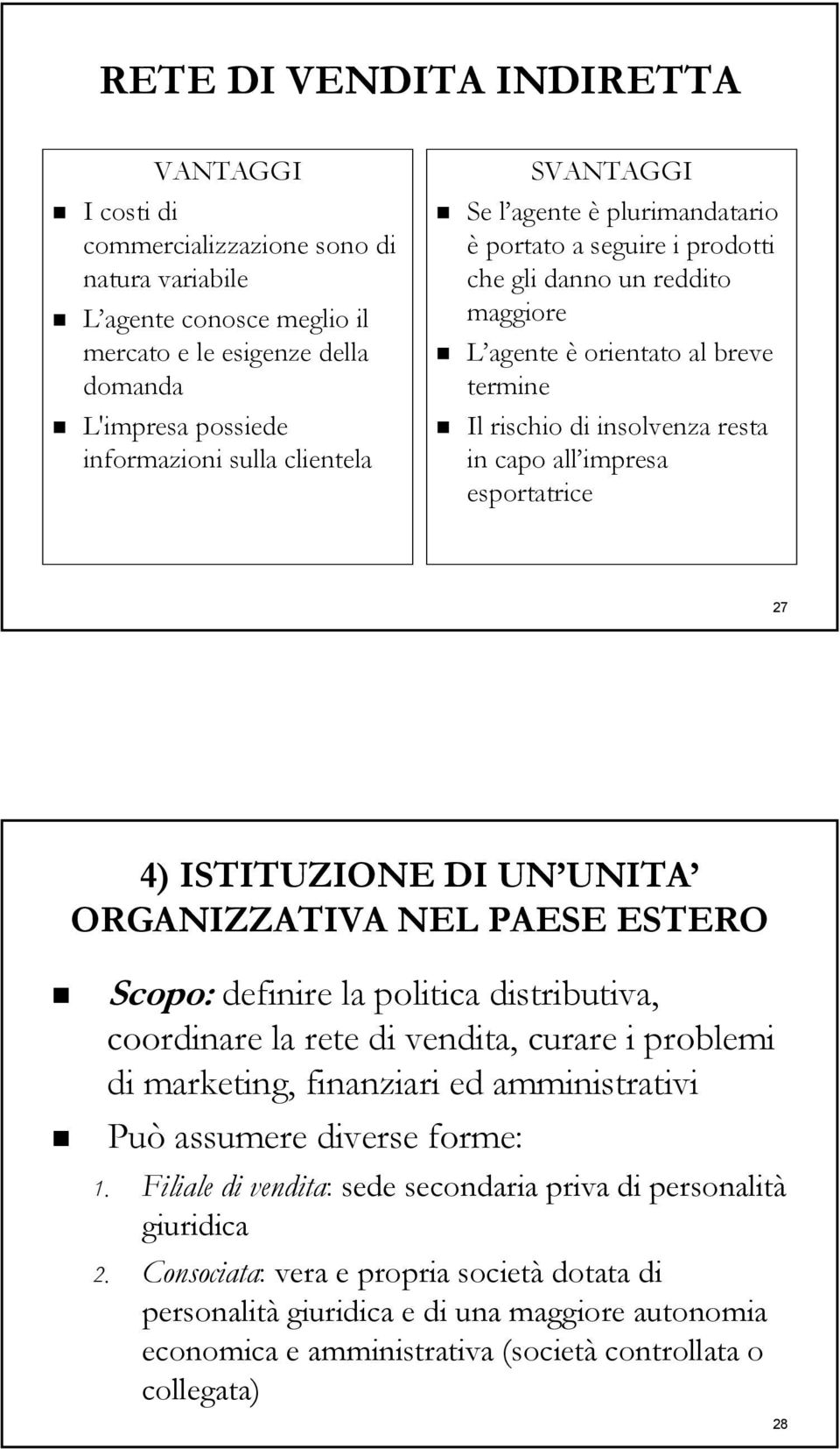 impresa esportatrice 27 4) ISTITUZIONE DI UN UNITA ORGANIZZATIVA NEL PAESE ESTERO Scopo: definire la politica distributiva, coordinare la rete di vendita, curare i problemi di marketing, finanziari