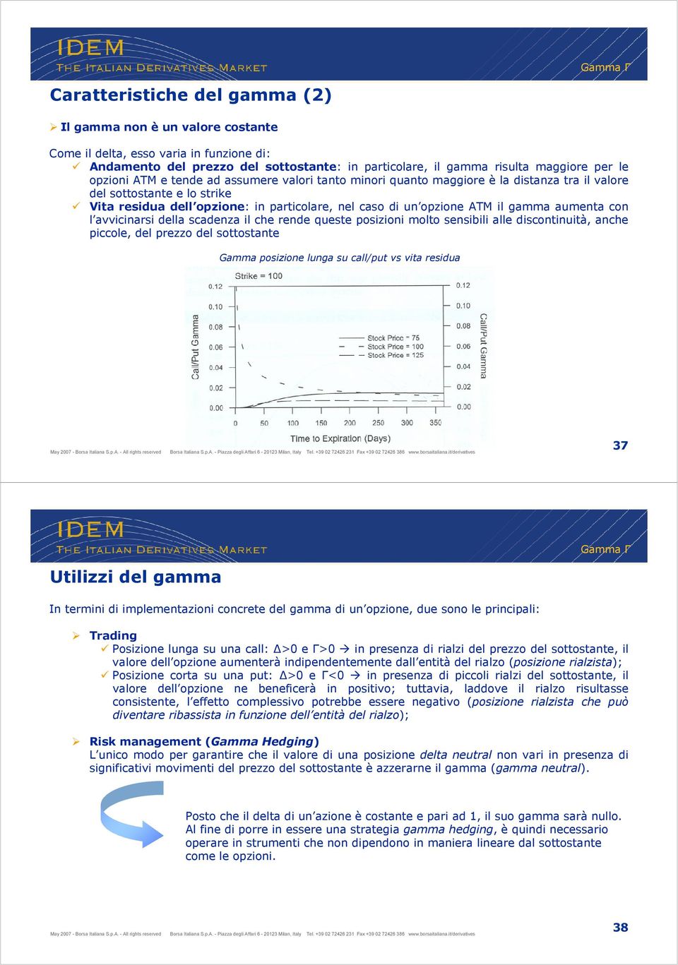 gamma aumenta con l avvicinarsi della scadenza il che rende queste posizioni molto sensibili alle discontinuità, anche piccole, del prezzo del sottostante Gamma posizione lunga su call/put vs vita