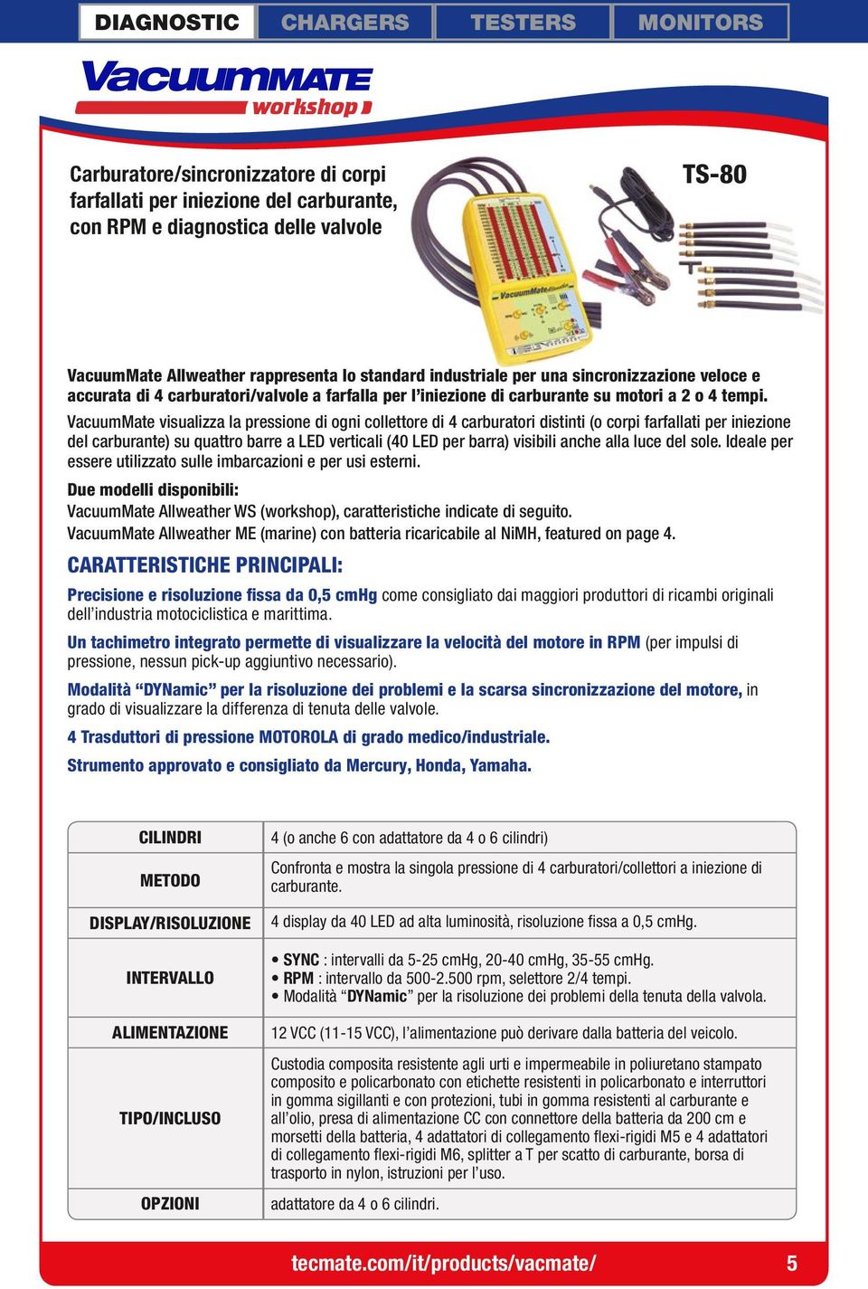 VacuumMate visualizza la pressione di ogni collettore di 4 carburatori distinti (o corpi farfallati per iniezione del carburante) su quattro barre a LED verticali (40 LED per barra) visibili anche