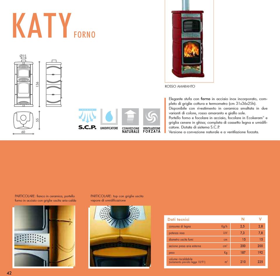 Portello forno e focolare in acciaio, focolare in Ecokeram e griglia cenere in ghisa; completa di cassetto legna e umidificatore. Dotata di sistema S.C.P. Versione a convezione naturale e a ventilazione forzata.