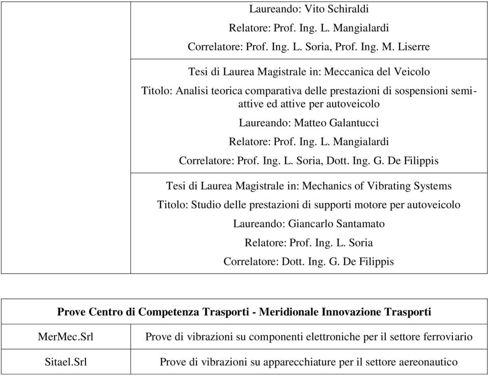 Correlatore: Prof. Ing. L. Soria, Dott. Ing. G.