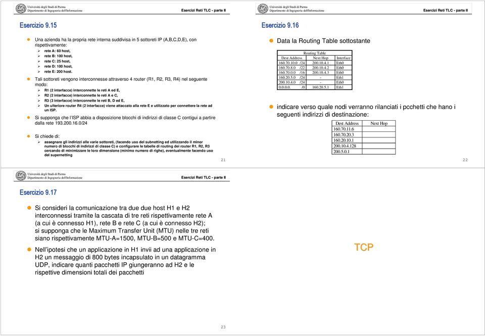 Tali sottoreti vengono interconnesse attraverso 4 router (R1, R2, R3, R4) nel seguente modo: R1 (2 interfacce) interconnette le reti A ed E, R2 (2 interfacce) interconnette le reti A e C, R3 (3