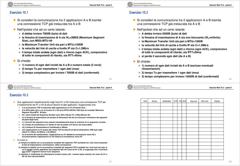 instaurata tra A e B Nell ipotesi che ad un certo istante: A debba inviare 7000B (byte) di dati la finestra di trasmissione di A sia W T =3MSS (Maximum Segment Size), con MSS=MTU-40 la Maximum