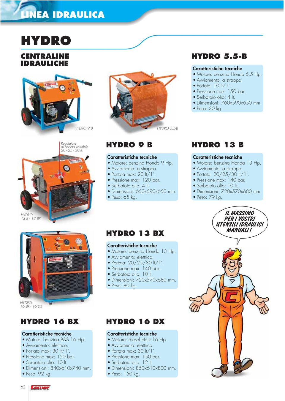 Dimensioni: 650x590x650 mm. Peso: 65 kg. 13 B Motore: benzina Honda 13 Hp. Avviamento: a strappo. Portata: 20/25/30 lt/1. Pressione max: 140 bar. Serbatoio olio: 10 lt. Dimensioni: 720x570x680 mm.