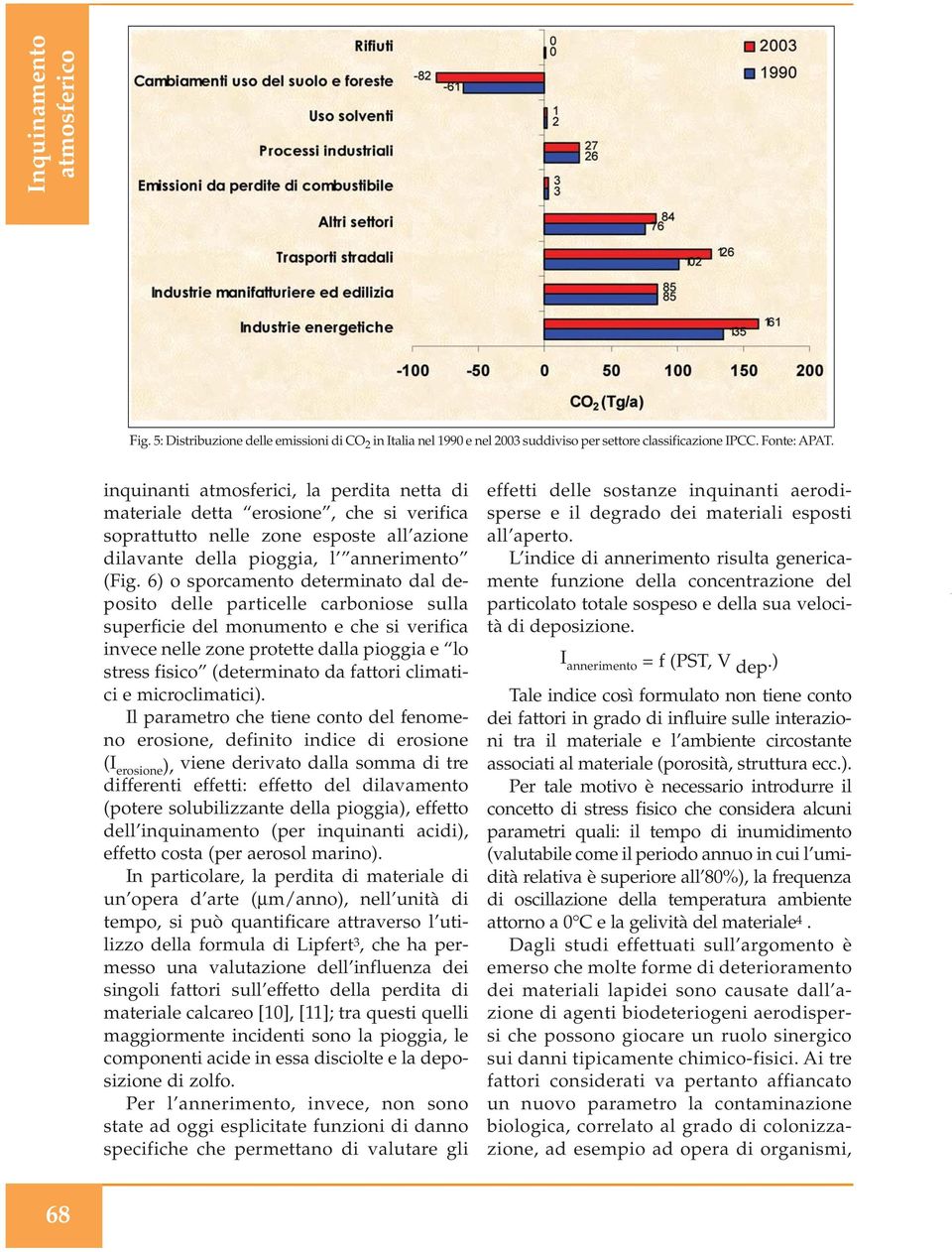 6) o sporcamento determinato dal deposito delle particelle carboniose sulla superficie del monumento e che si verifica invece nelle zone protette dalla pioggia e lo stress fisico (determinato da