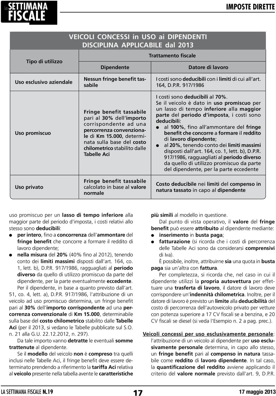 000, determinata sulla base del costo chilometrico stabilito dalle Tabelle Aci Fringe benefit tassabile calcolato in base al valore normale I costi sono deducibili con i limiti di cui all art. 164, D.