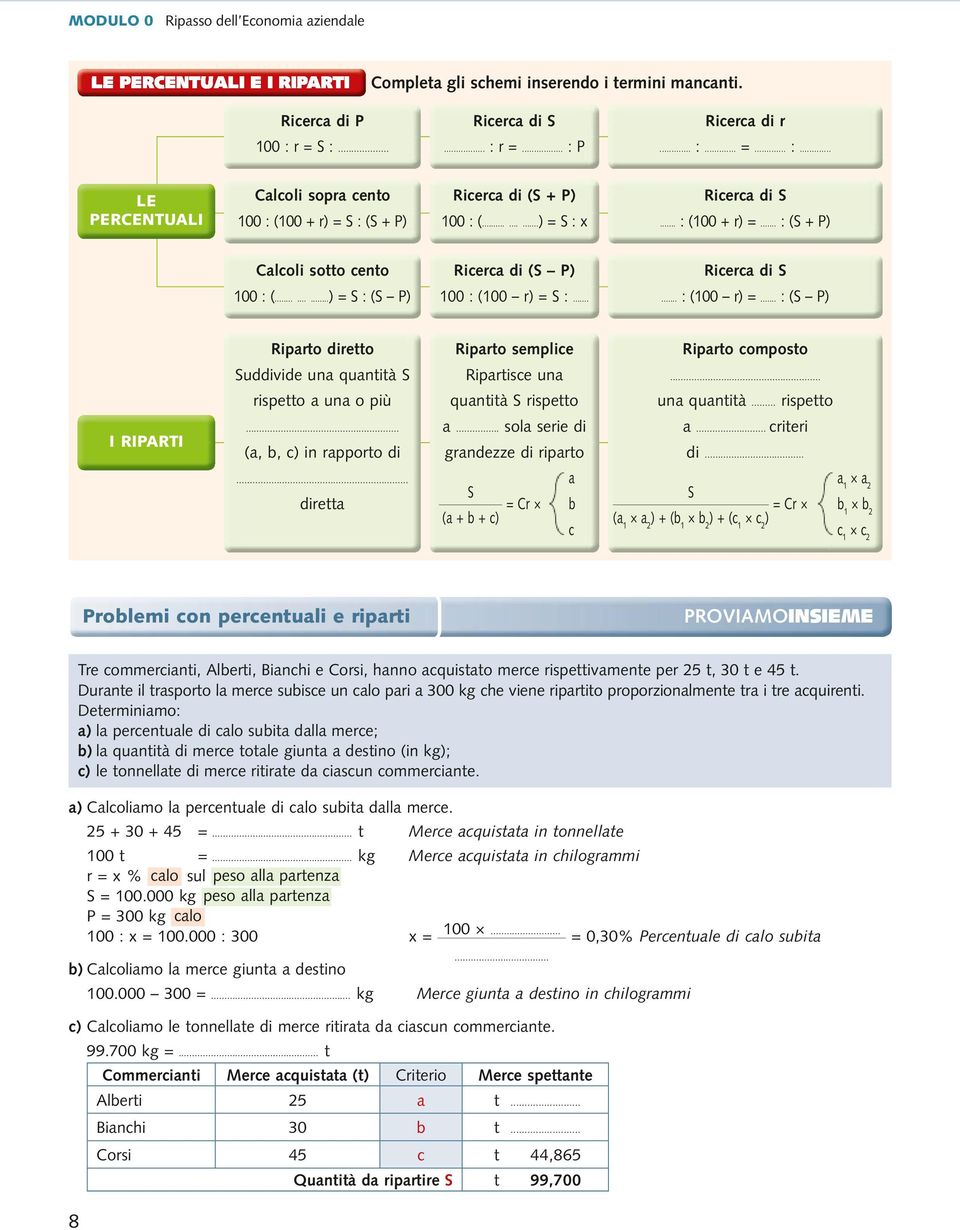 ........) S (S P) Ricerca di (S P) 100 (100 r) S... Ricerca di S... (100 r)... (S P) Riparto diretto Riparto semplice Riparto composto Suddivide una quantità S Ripartisce una.