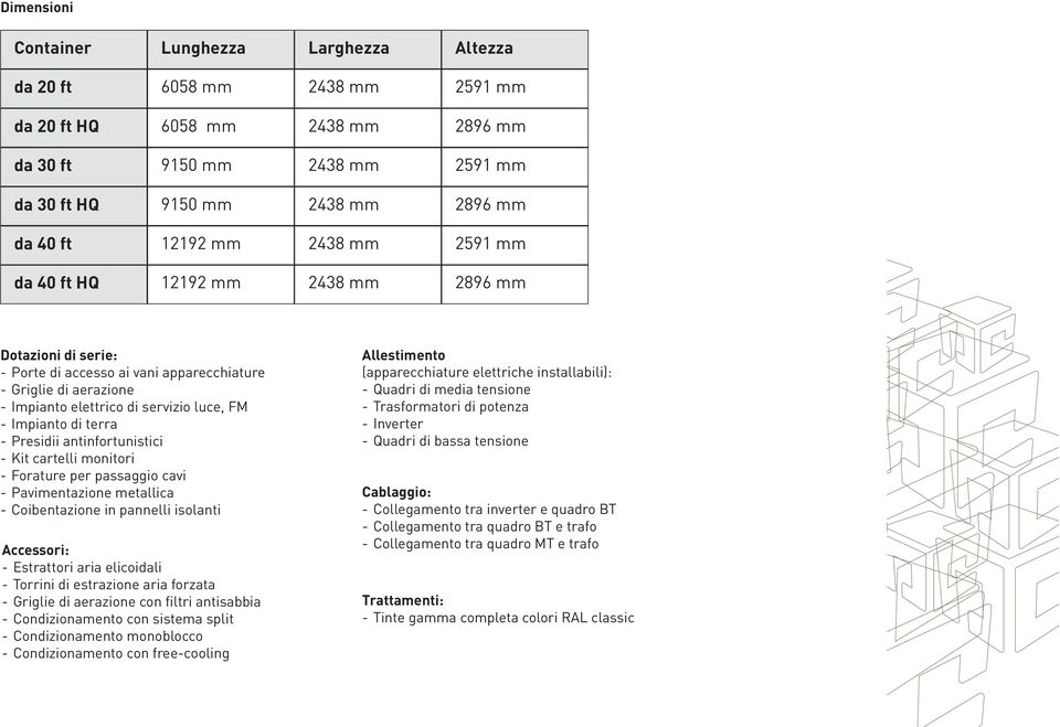 cartelli monitori - Forature per passaggio cavi - Pavimentazione metallica - Coibentazione in pannelli isolanti Accessori: - Estrattori aria elicoidali - Torrini di estrazione aria forzata - Griglie