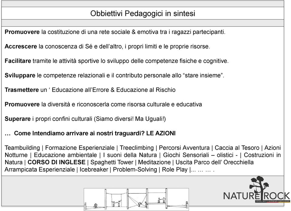 Trasmettere un Educazione all Errore & Educazione al Rischio Promuovere la diversità e riconoscerla come risorsa culturale e educativa Superare i propri confini culturali (Siamo diversi! Ma Uguali!