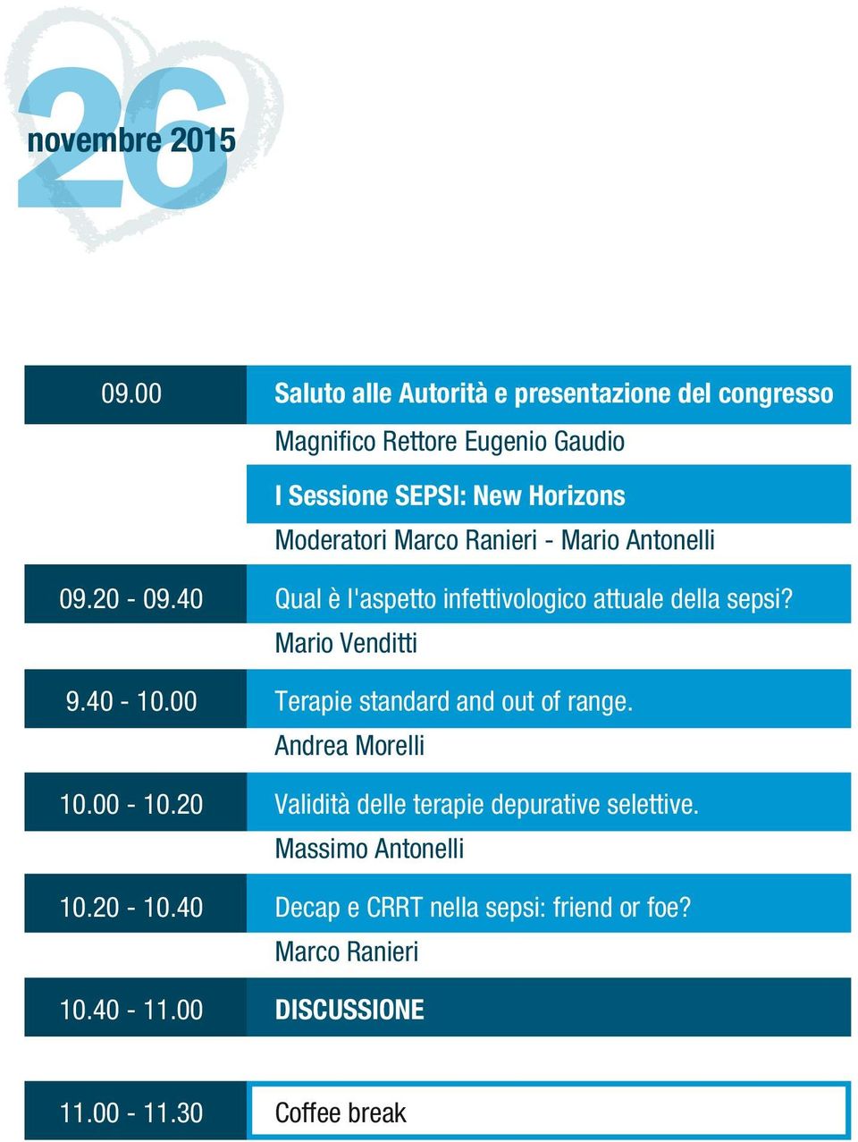 Marco Ranieri - Mario Antonelli 09.20-09.40 Qual è l'aspetto infettivologico attuale della sepsi? Mario Venditti 9.40-10.