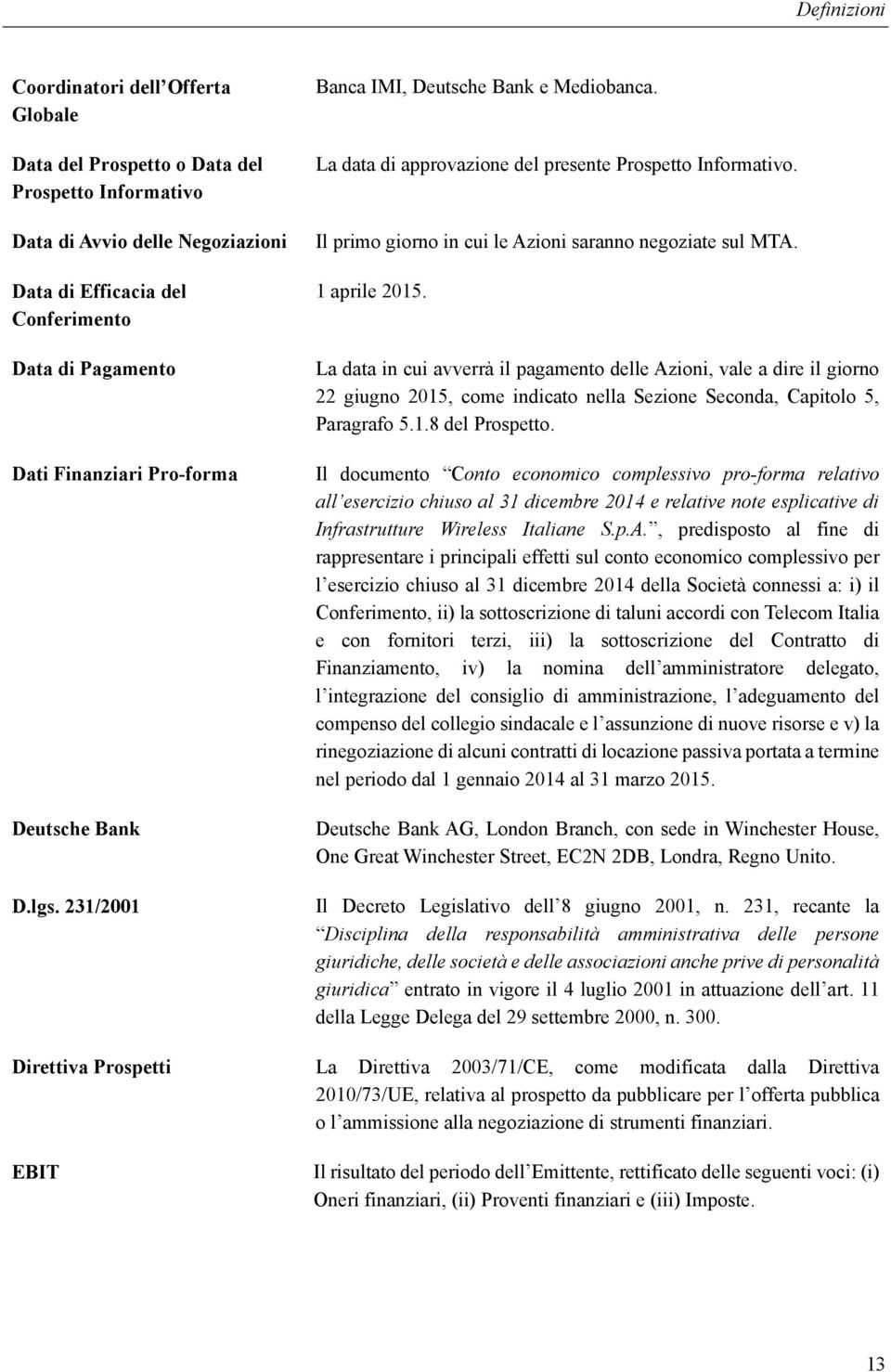 1 aprile 2015. La data in cui avverrà il pagamento delle Azioni, vale a dire il giorno 22 giugno 2015, come indicato nella Sezione Seconda, Capitolo 5, Paragrafo 5.1.8 del Prospetto.