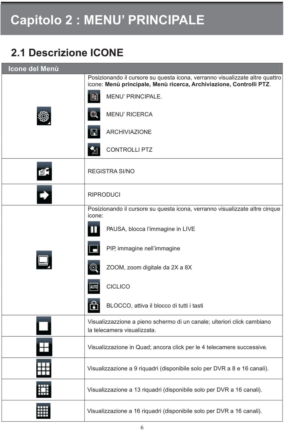 MENU RICERCA ARCHIVIAZIONE CONTROLLI PTZ REGISTRA SI/NO RIPRODUCI Posizionando il cursore su questa icona, verranno visualizzate altre cinque icone: PAUSA, blocca l immagine in LIVE PIP, immagine