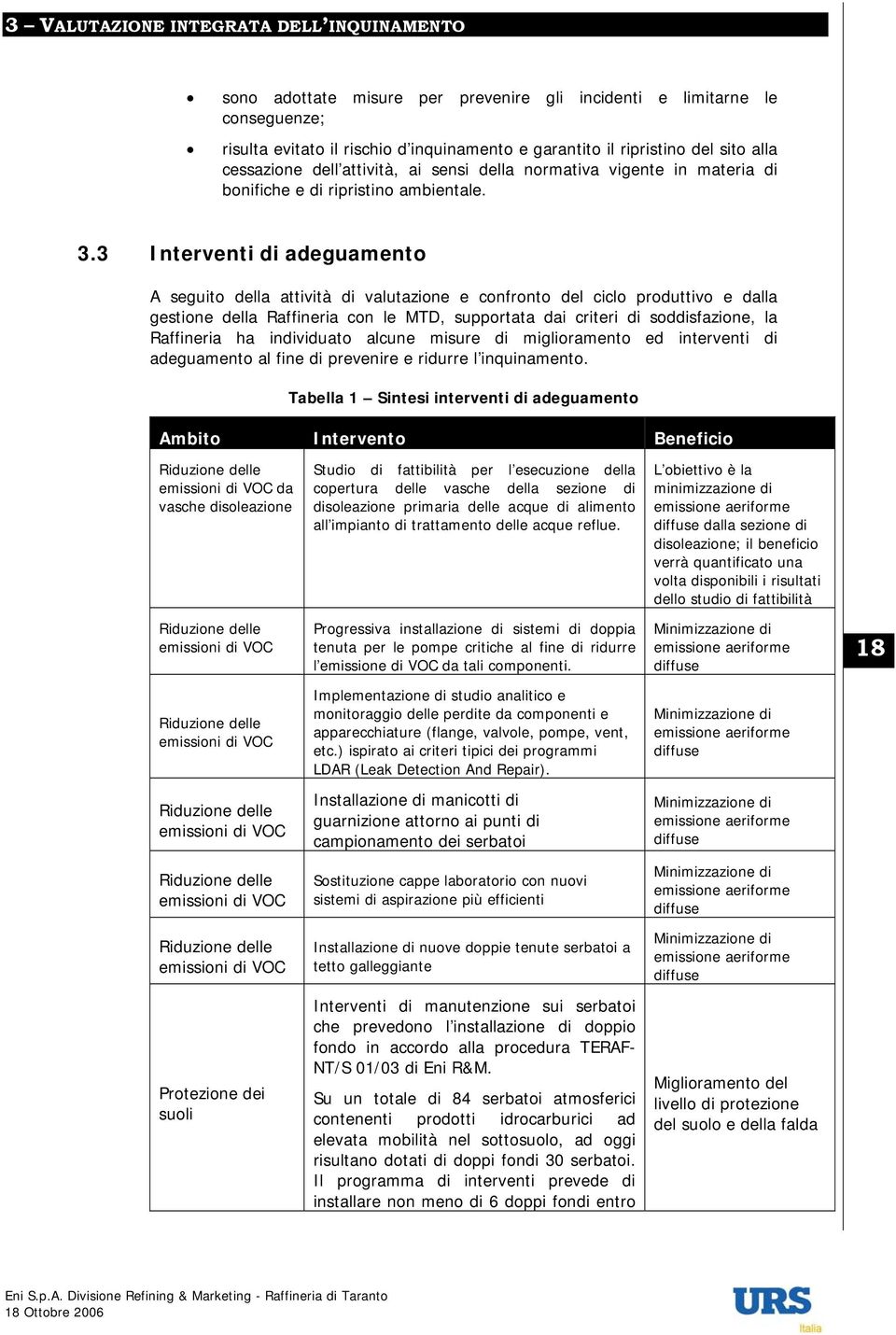 3 Interventi di adeguamento A seguito della attività di valutazione e confronto del ciclo produttivo e dalla gestione della Raffineria con le MTD, supportata dai criteri di soddisfazione, la