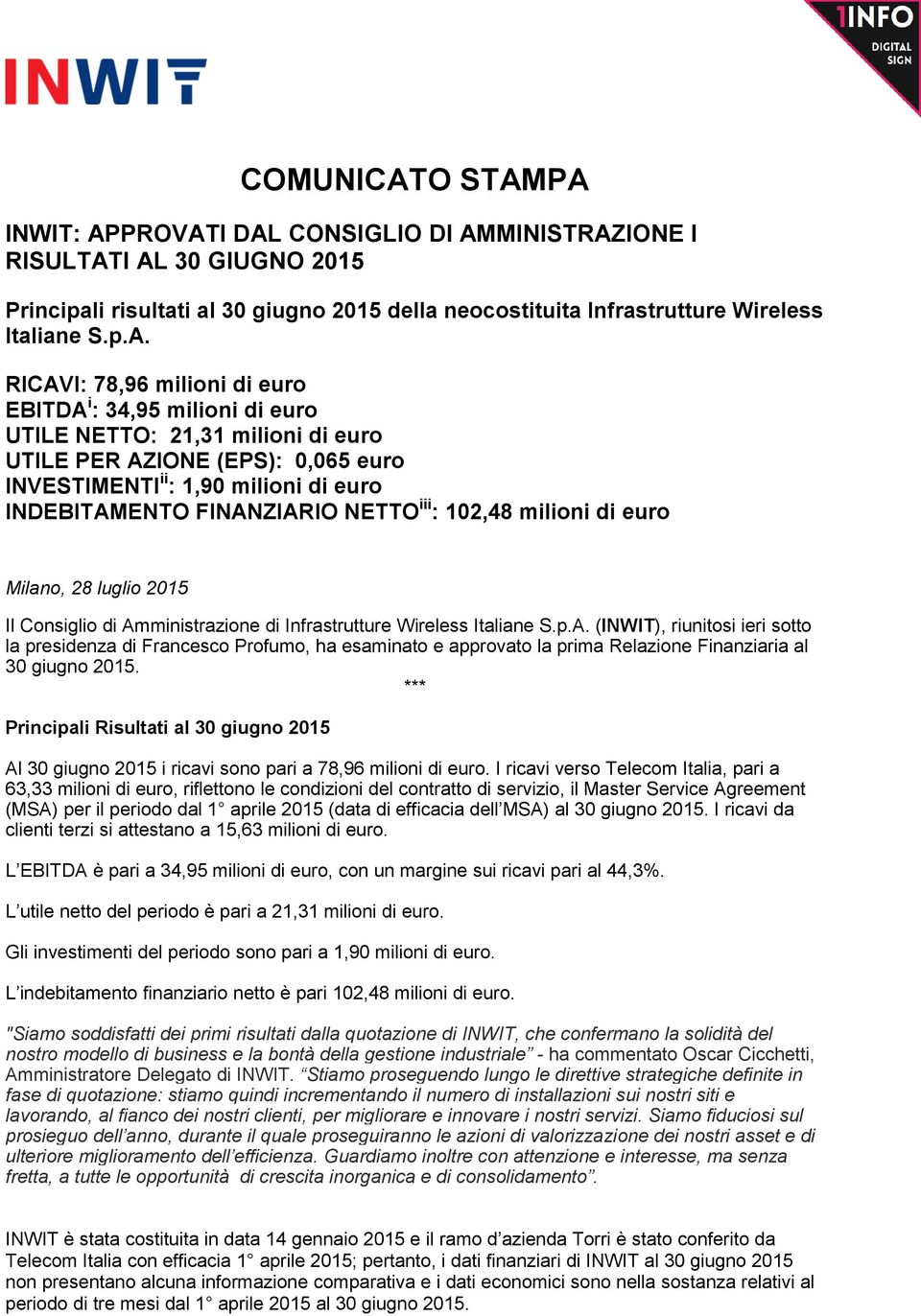 PA INWIT: APPROVATI DAL CONSIGLIO DI AMMINISTRAZIONE I RISULTATI AL 30 GIUGNO 2015 Principali risultati al 30 giugno 2015 della neocostituita Infrastrutture Wireless Italiane S.p.A. RICAVI: 78,96