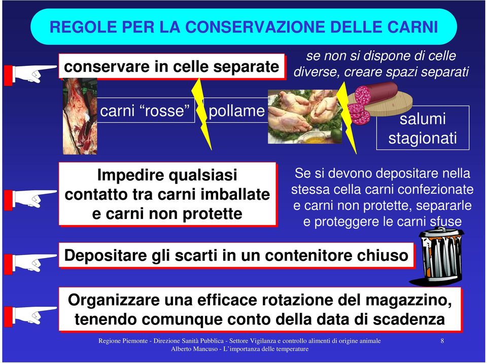 devono depositare nella stessa cella carni confezionate e carni non protette, separarle e proteggere le carni sfuse