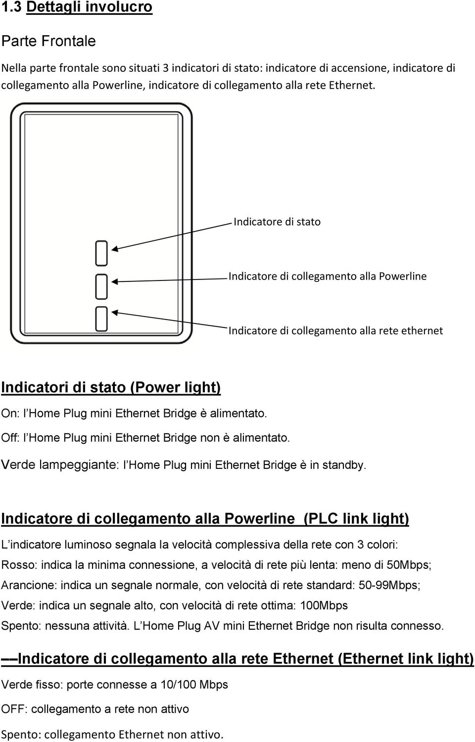 \\ Indicatore di stato Indicatore di collegamento alla Powerline Indicatore di collegamento alla rete ethernet Indicatori di stato (Power light) On: l Home Plug mini Ethernet Bridge è alimentato.