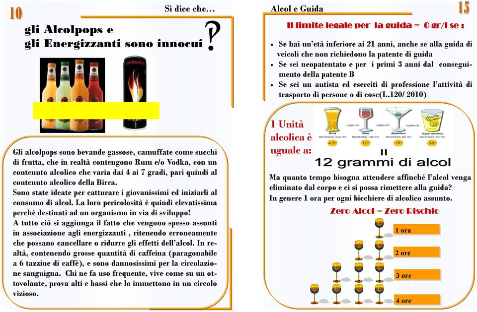 120/ 2010) Gli alcolpops sono bevande gassose, camuffate come succhi di frutta, che in realtà contengono Rum e/o Vodka, con un contenuto alcolico che varia dai 4 ai 7 gradi, pari quindi al contenuto