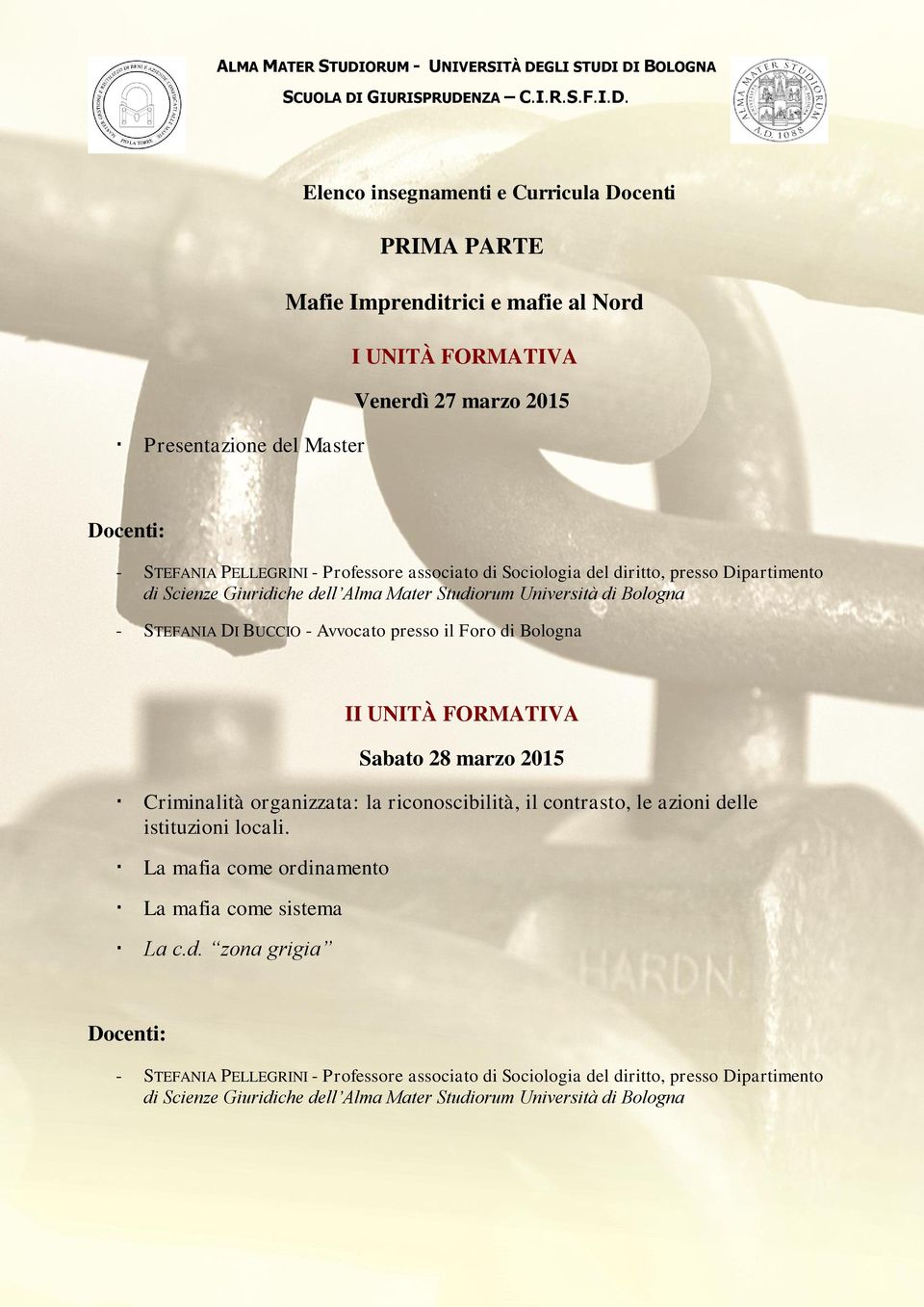 di Bologna II UNITÀ FORMATIVA Sabato 28 marzo 2015 Criminalità organizzata: la riconoscibilità, il contrasto, le azioni delle istituzioni locali.