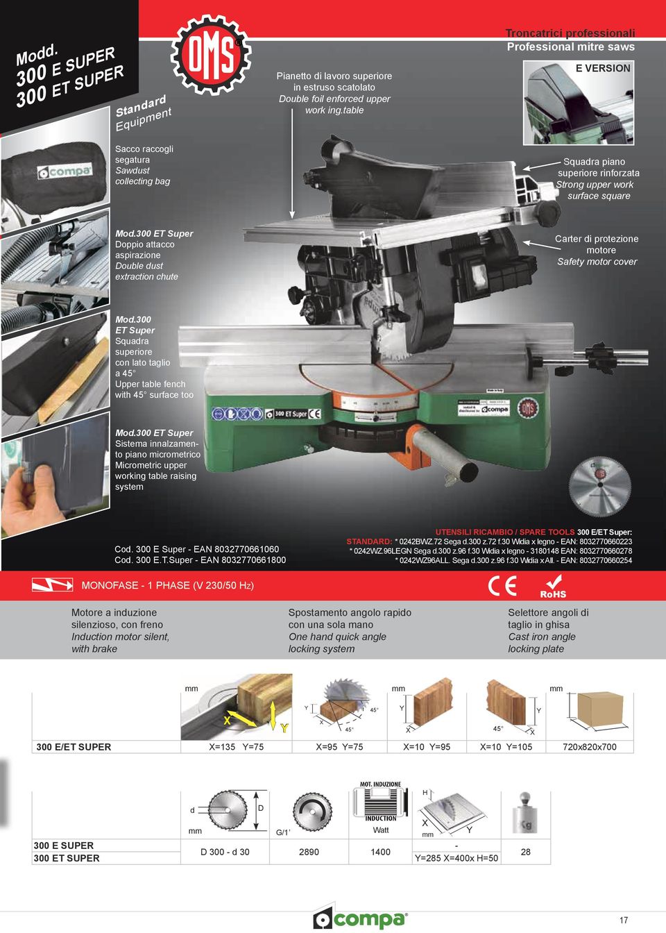 300 ET Super Doppio attacco aspirazione Double dust extraction chute Carter di protezione motore Safety motor cover Mod.