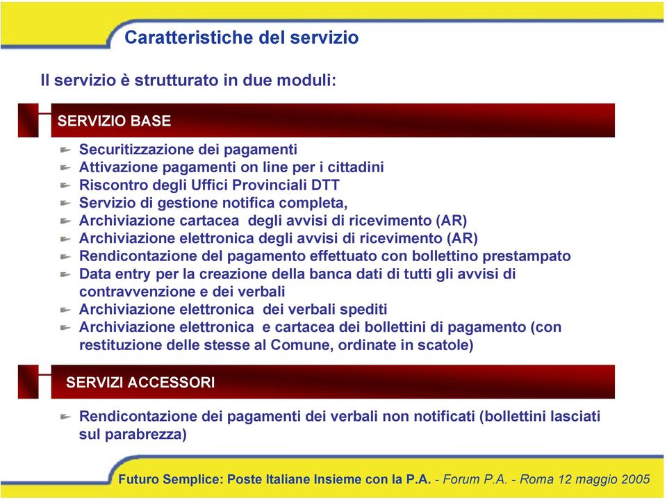 bollettino prestampato Data entry per la creazione della banca dati di tutti gli avvisi di contravvenzione e dei verbali Archiviazione elettronica dei verbali spediti Archiviazione elettronica e