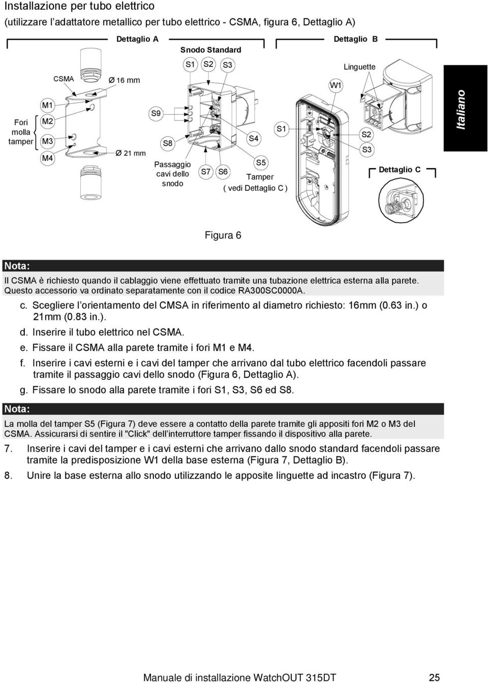 effettuato tramite una tubazione elettrica esterna alla parete. Questo accessorio va ordinato separatamente con il codice RA300SC0000A. c. Scegliere l orientamento del CMSA in riferimento al diametro richiesto: 16mm (0.