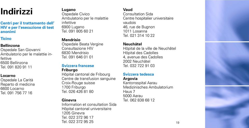 091 805 60 21 Mendrisio Ospedale Beata Vergine Consultazione HIV 6830 Mendrisio Tel.