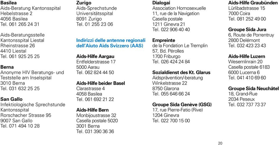 071 494 10 28 Zurigo Aids-Sprechstunde Universitätsspital 8091 Zurigo Tel.