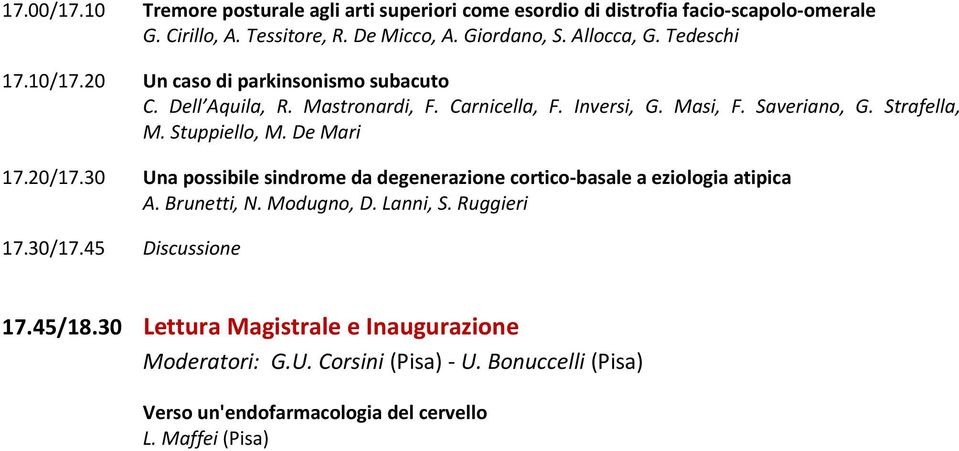 Stuppiello, M. De Mari 17.20/17.30 Una possibile sindrome da degenerazione cortico-basale a eziologia atipica A. Brunetti, N. Modugno, D. Lanni, S. Ruggieri 17.
