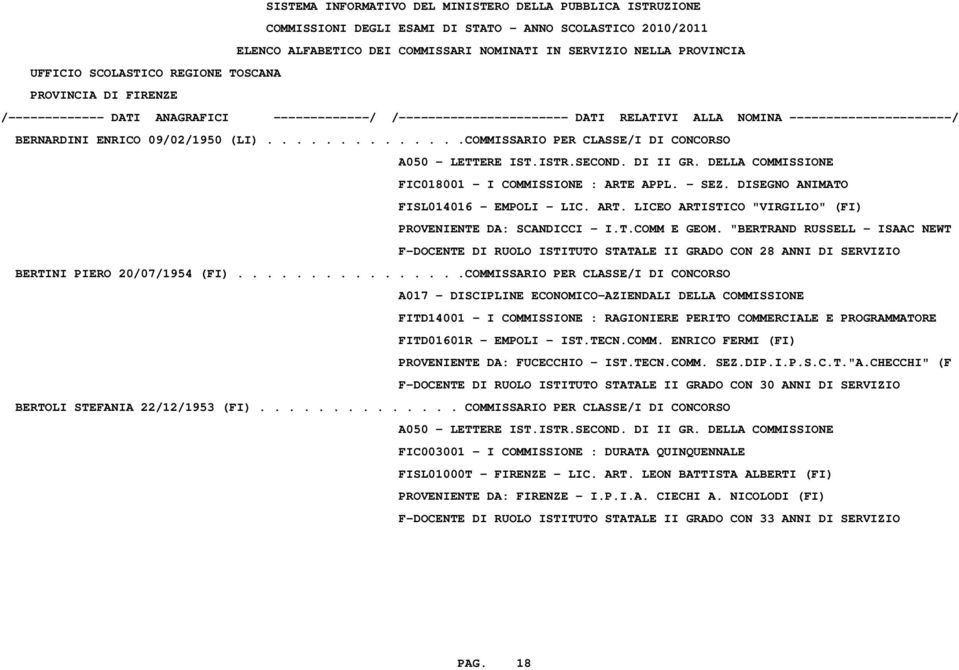 "BERTRAND RUSSELL - ISAAC NEWT F-DOCENTE DI RUOLO ISTITUTO STATALE II GRADO CON 28 ANNI DI SERVIZIO BERTINI PIERO 20/07/1954 (FI).