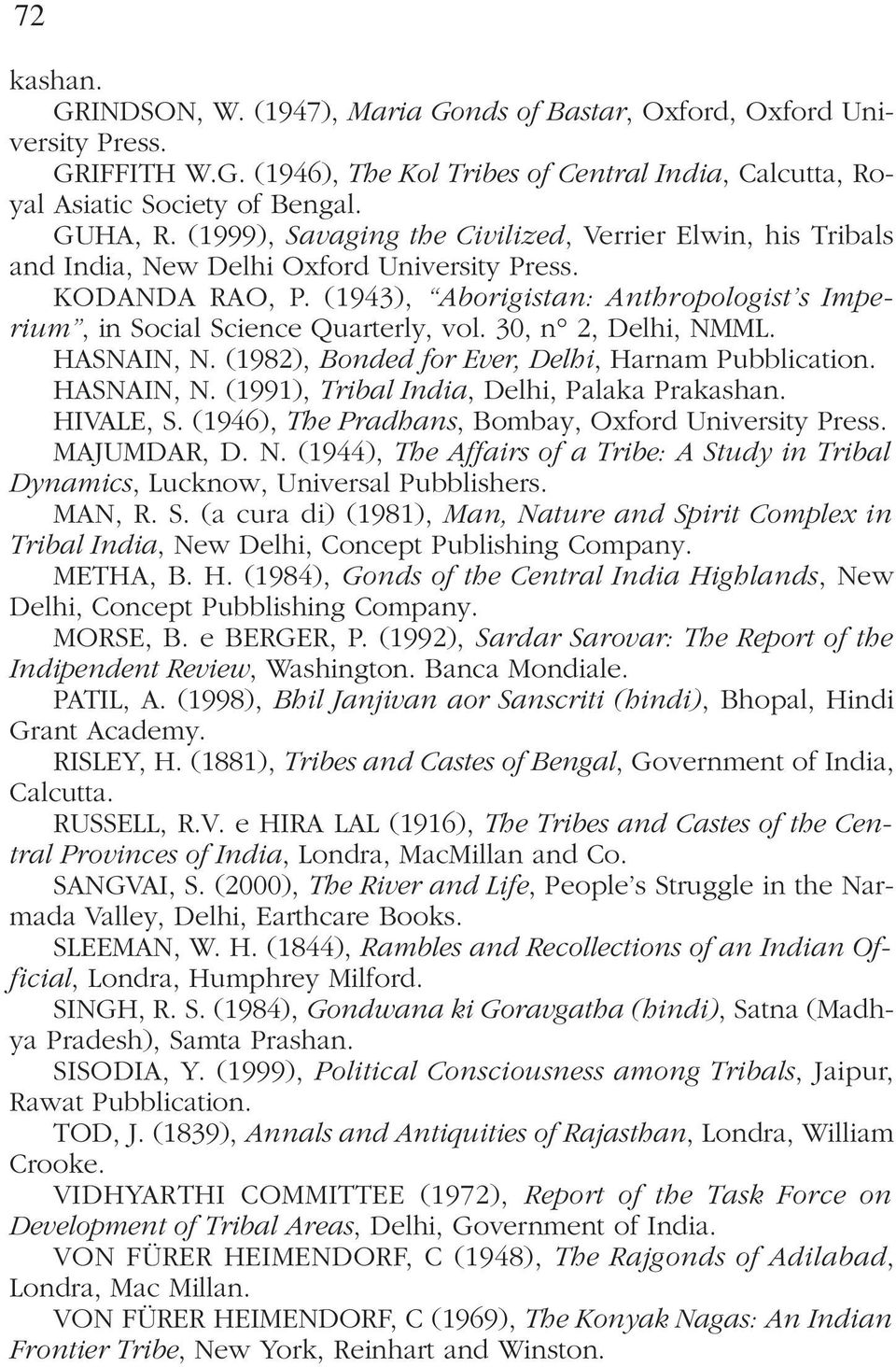 (1943), Aborigistan: Anthropologist s Imperium, in Social Science Quarterly, vol. 30, n 2, Delhi, NMML. HASNAIN, N. (1982), Bonded for Ever, Delhi, Harnam Pubblication. HASNAIN, N. (1991), Tribal India, Delhi, Palaka Prakashan.