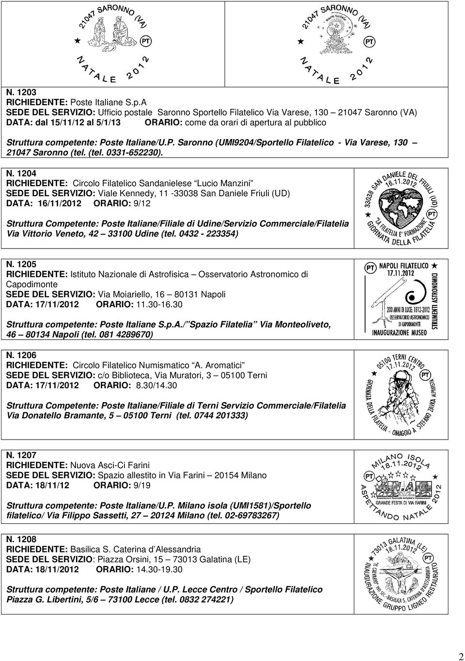 1204 RICHIEDENTE: Circolo Filatelico Sandanielese Lucio Manzini SEDE DEL SERVIZIO: Viale Kennedy, 11-33038 San Daniele Friuli (UD) DATA: 16/11/2012 ORARIO: 9/12 N.