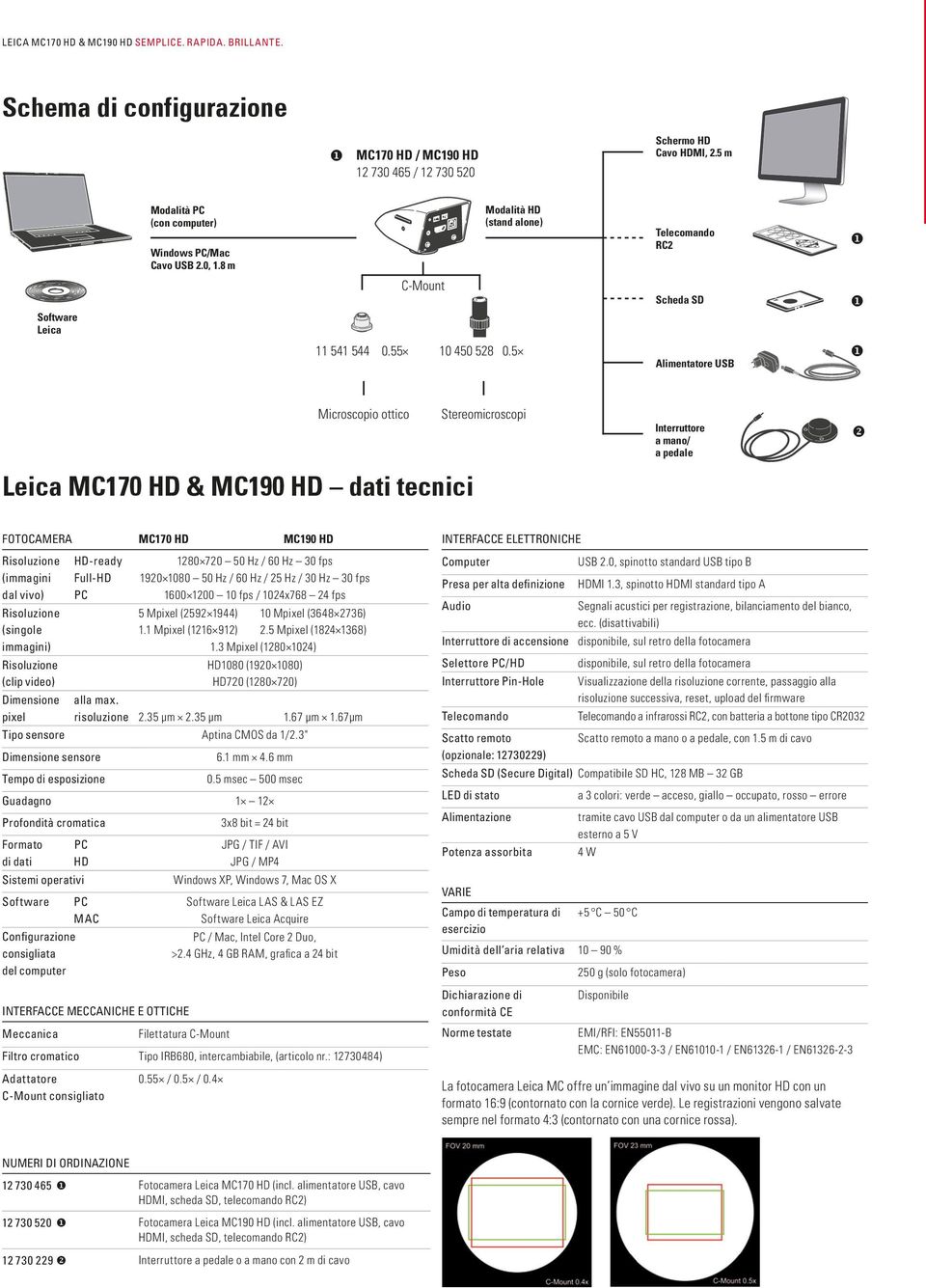 5 Alimentatore USB Microscopio ottico Stereomicroscopi Interrttore a mano/ a pedale v Leica MC170 HD & MC190 HD dati tecnici FOTOCAMERA MC170 HD MC190 HD Risolzione HD-ready 1280 720 50 Hz / 60 Hz 30