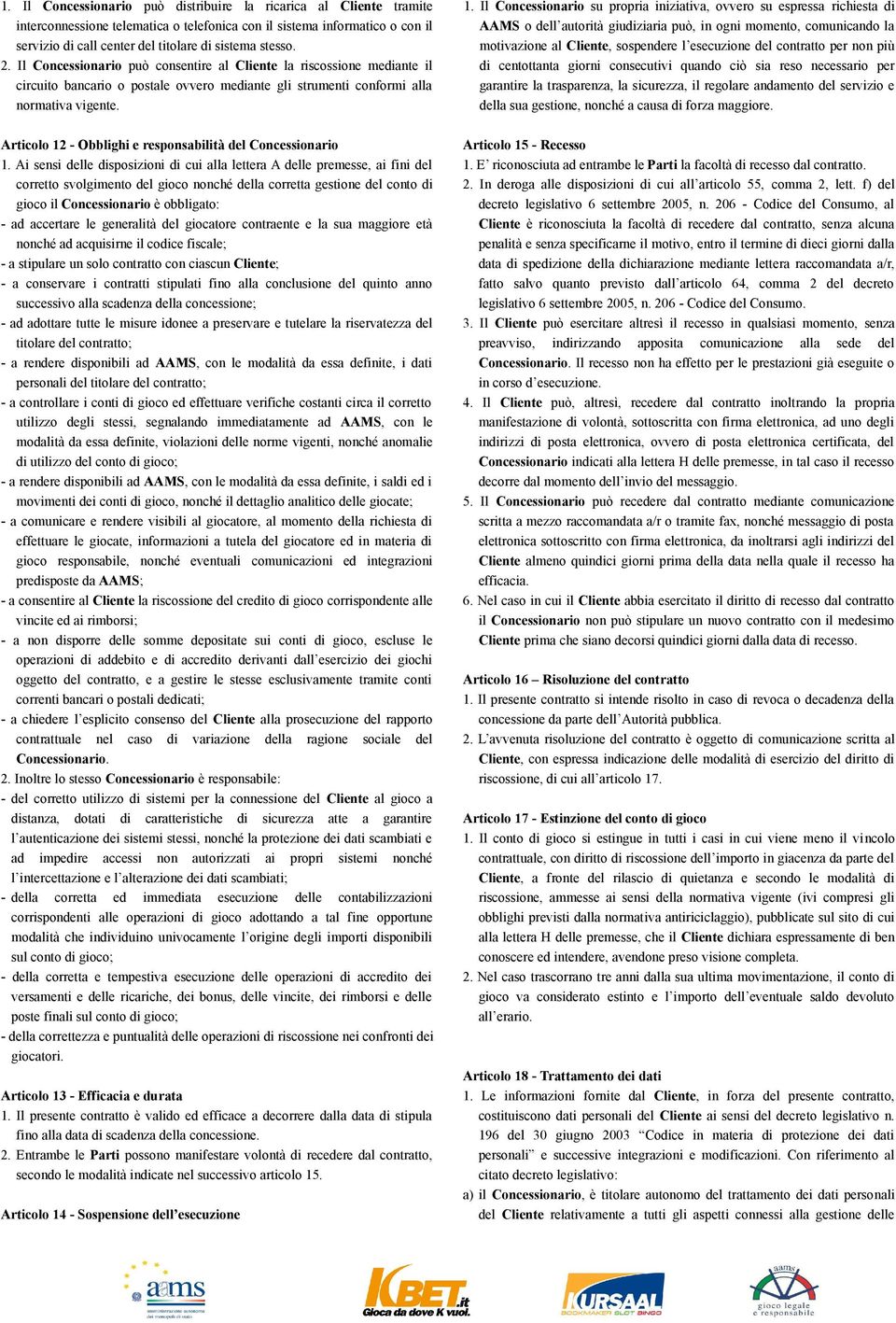 Articolo 12 - Obblighi e responsabilità del Concessionario 1.