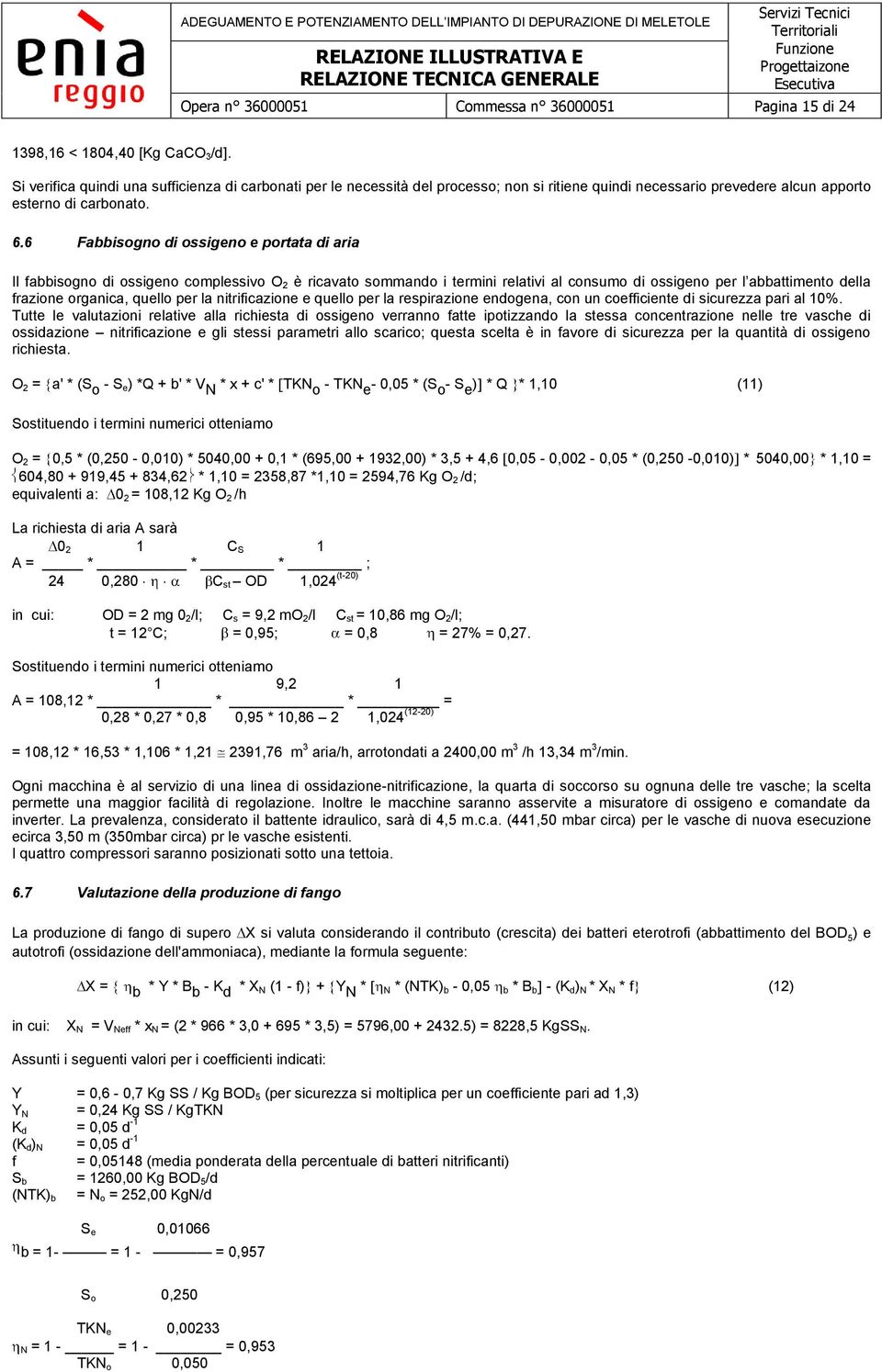 6 Fabbisogno di ossigeno e portata di aria Il fabbisogno di ossigeno complessivo O 2 è ricavato sommando i termini relativi al consumo di ossigeno per l abbattimento della frazione organica, quello