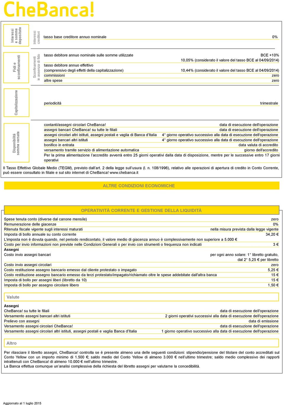 valore del tasso BCE al 04/09/2014) Capitalizzazione periodicità trimestrale Disponibilità somme versate contanti/assegni circolari CheBanca! assegni bancari CheBanca!