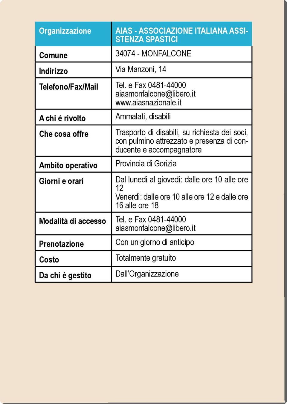 it A chi è rivolto Ammalati, disabili Che cosa offre Trasporto di disabili, su richiesta dei soci, con pulmino attrezzato e presenza di conducente e accompagnatore