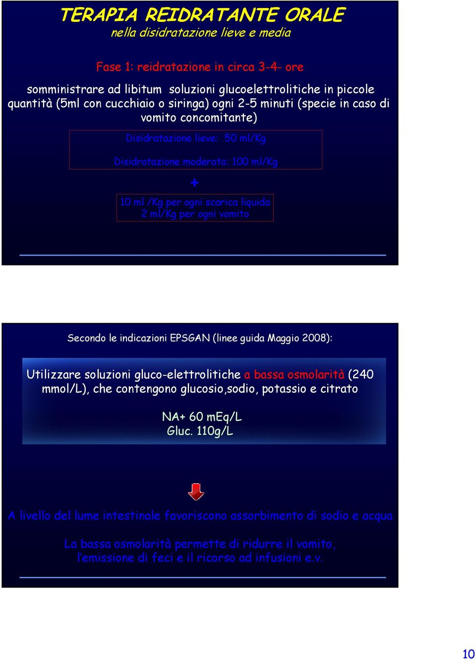 ogni vomito Secondo le indicazioni EPSGAN (linee guida Maggio 2008): Utilizzare soluzioni gluco-elettrolitiche a bassa osmolarità (240 mmol/l), che contengono glucosio,sodio, potassio e citrato