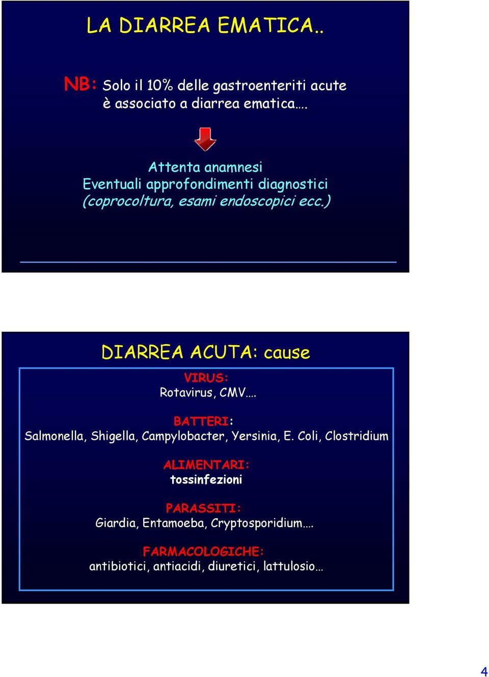 ) DIARREA ACUTA: cause VIRUS: Rotavirus, CMV. BATTERI: Salmonella, Shigella, Campylobacter, Yersinia, E.